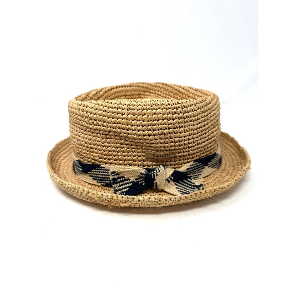 Kangol Straw Trilby Fedora Hat Tan Woven Plaid Band Logo Summer Beach Sun Hat